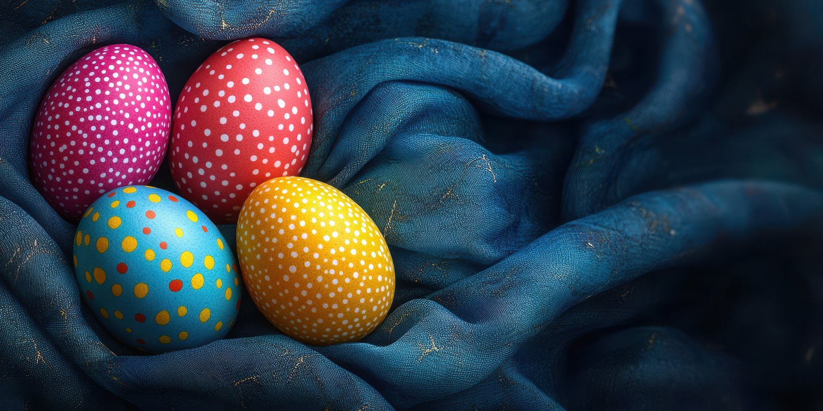 Colorful Easter eggs nestled in a textured fabric, celebrating the festive spirit of springtime traditions